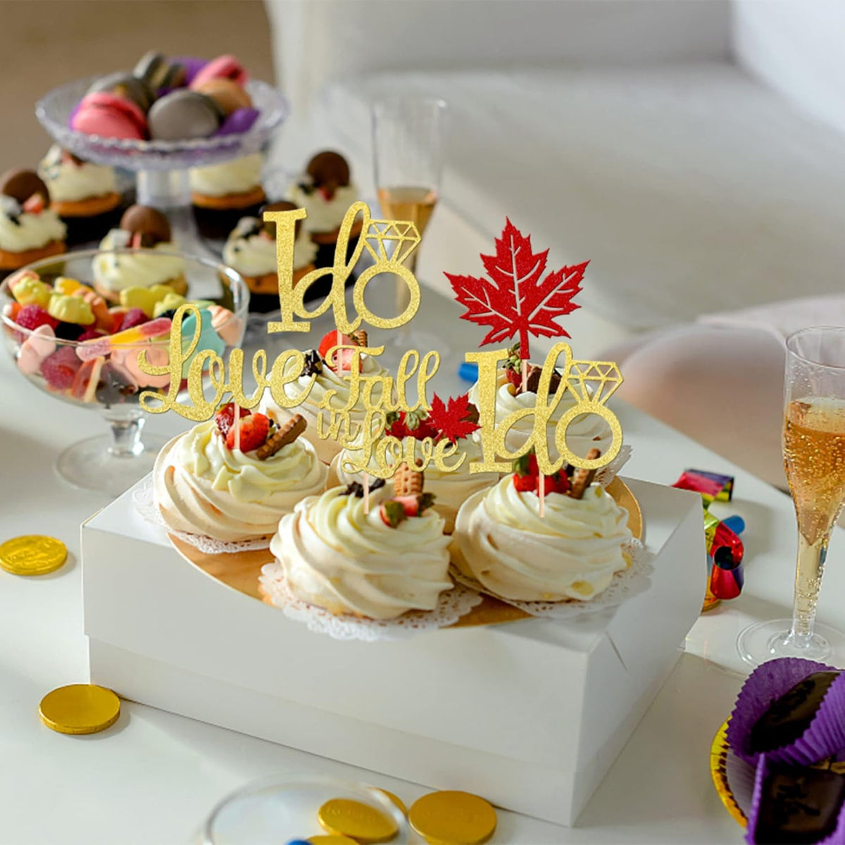 24 PCS Fall in Love Cupcake Toppers Glitter Maple Leaves Love I Do Cupcake Picks Fall Theme Wedding