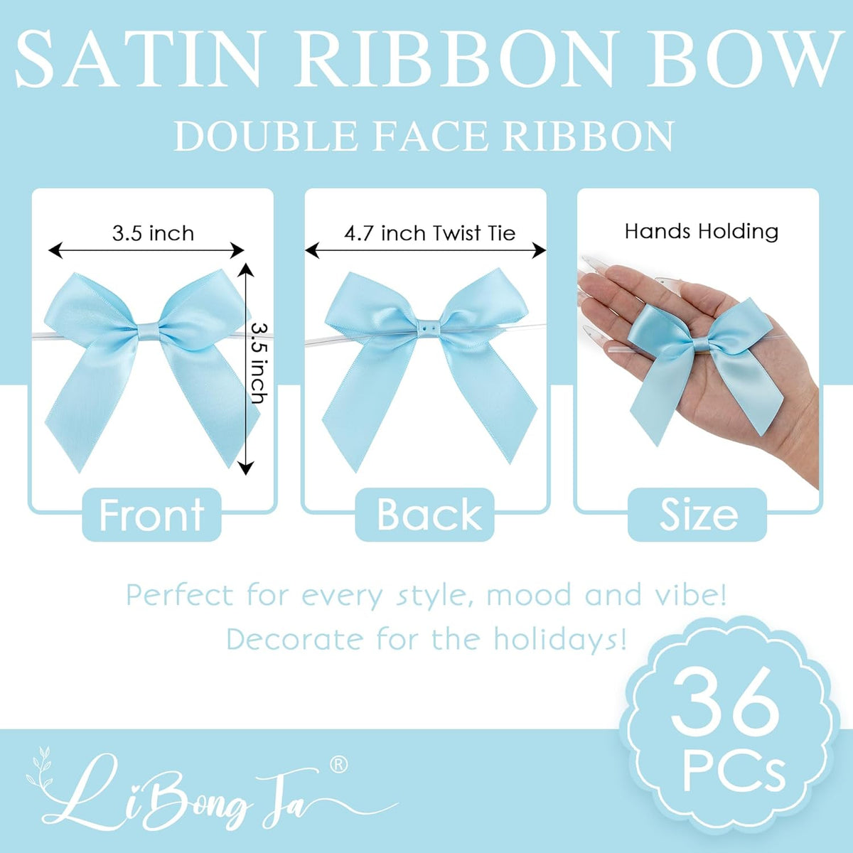 3.5" Blue Bow Satin Pre-Tied Bows for Gift Wrapping, Small Bows for Crafts, Premade Bows, Candy