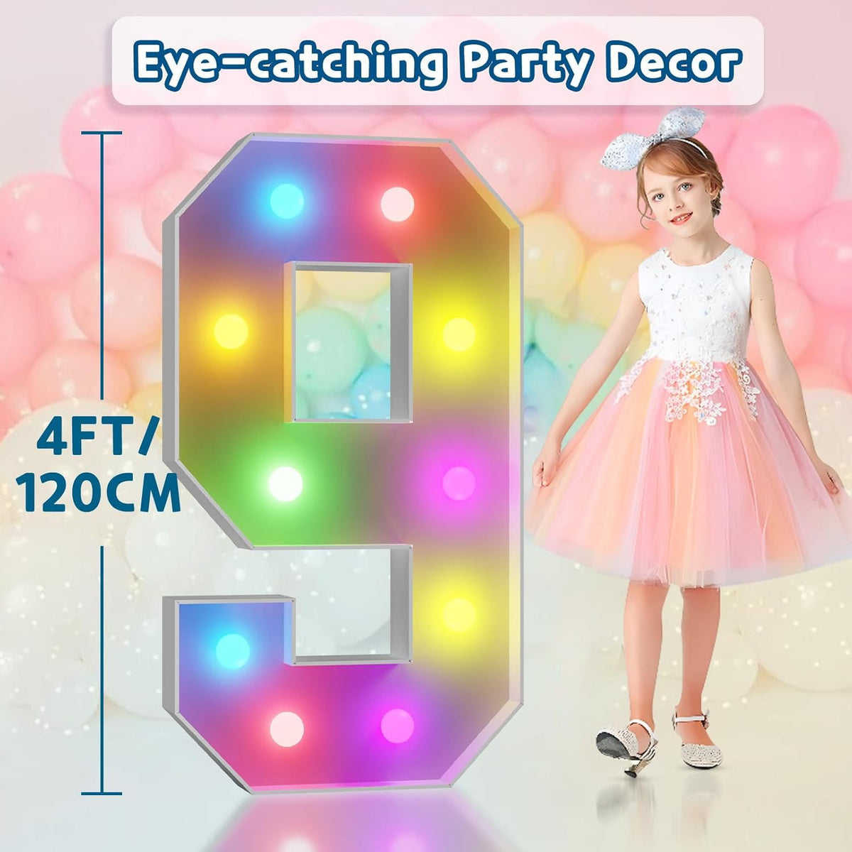 imprsv 4FT Colorful Marquee Numbers,18 Colors Number 9 with Remote, Light Up Sign for 8th Birthday