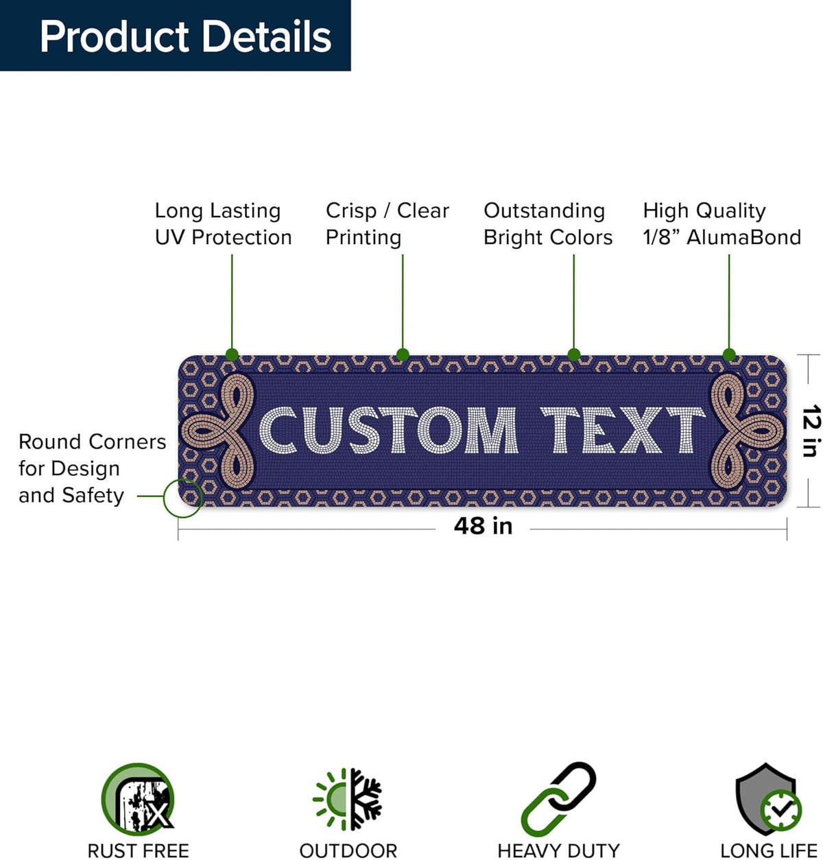 Custom Sign, Custom Street Sign, 11 Font Colors, 13 Font Styles, 4 Hole Options, 22 Sizes, 12x48