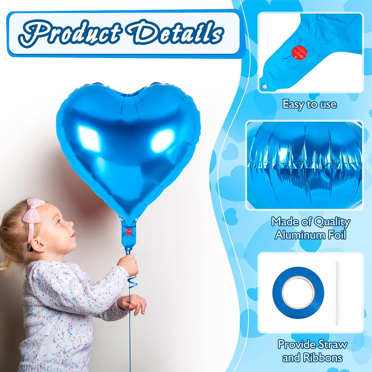 24 Pcs Blue Heart Foil Balloons, 18 Inch Love Shapes for Birthday, Wedding, Engagement, Baby