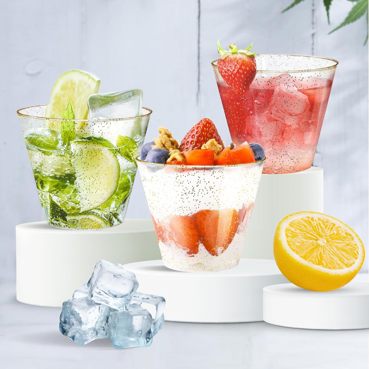 [100 Pack] 9oz Plastic Cups with Gold Glitter Sturdy & Food Safe Disposable Wine Glasses Party