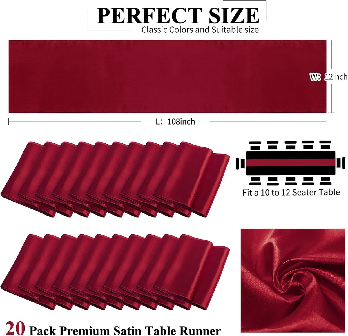 20 Pack Burgundy Satin Table Runner,12 x 108 inch Long Premium Smooth Burgundy Table Runners for