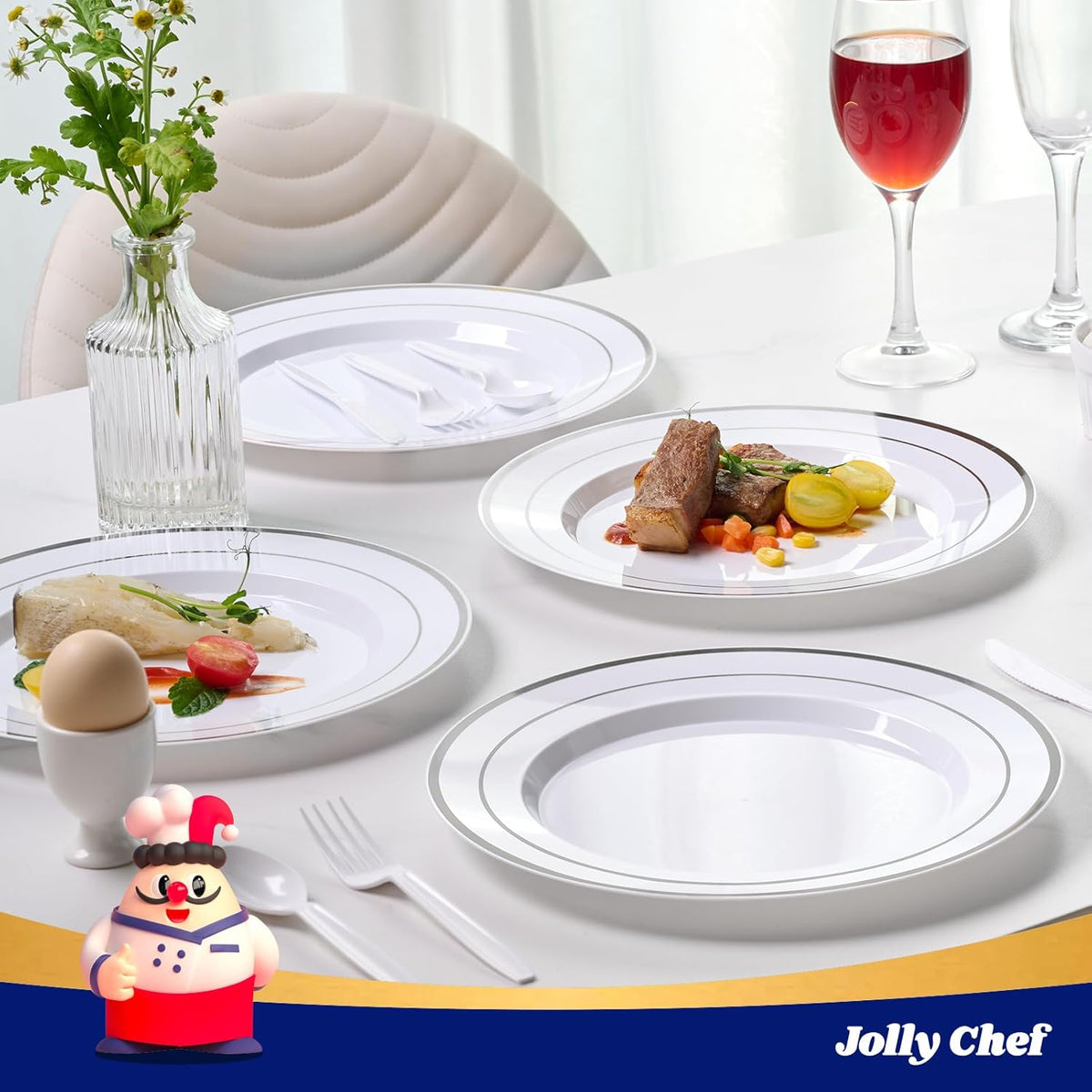 JOLLY CHEF 100 Pieces Silver Plastic Plates, 10 Inch Elegant Disposable White with Silver Rim
