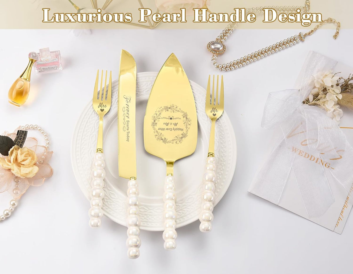 Wedding Cake Knife and Server Set,Gold Cake Cutting Set for Wedding,Ceramic Pearl Handle Wedding