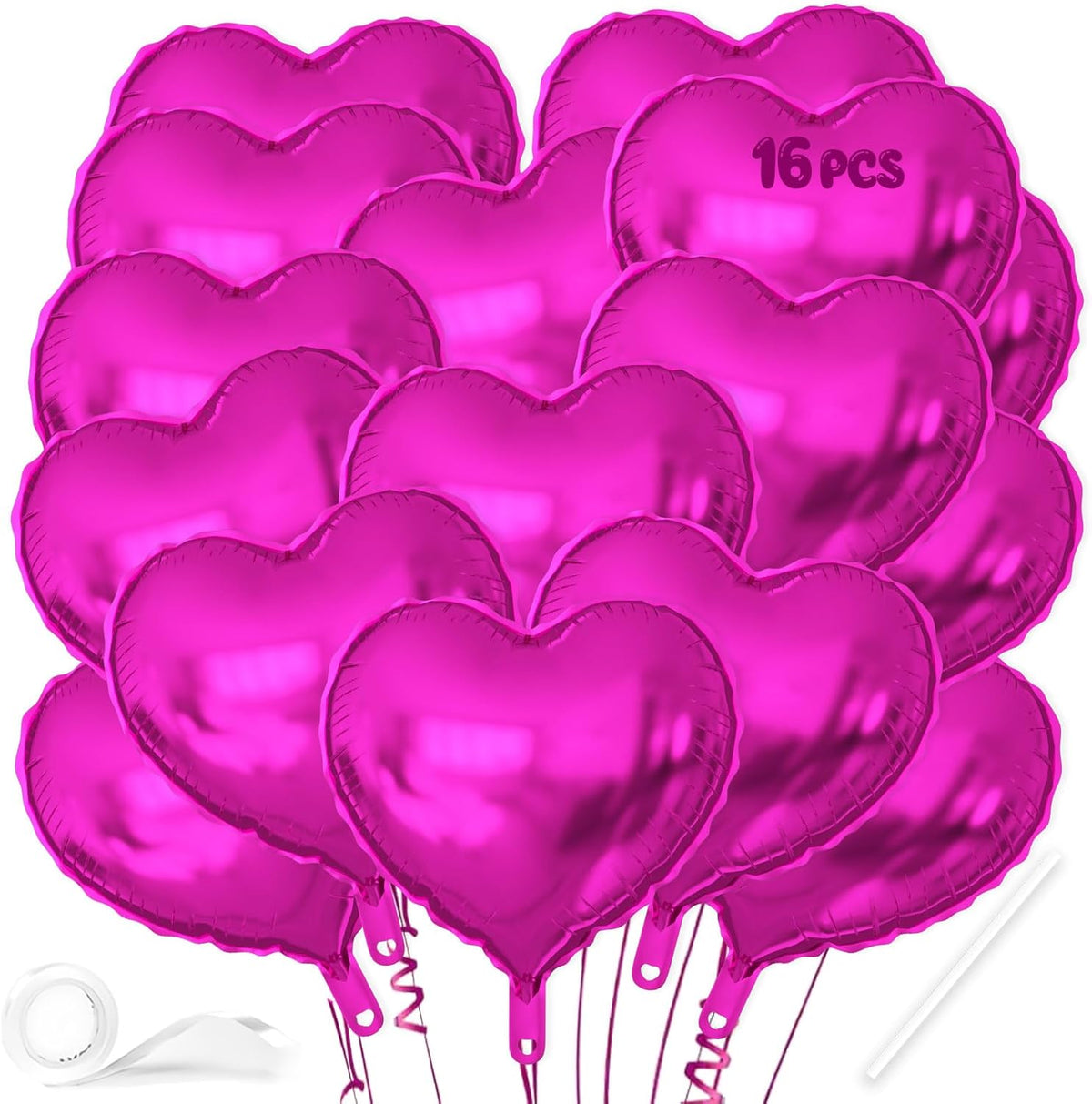 16 Pcs Heart Balloons, 18 Inch Hot Pink Love Heart Shaped Foil Balloons for Wedding Anniversary