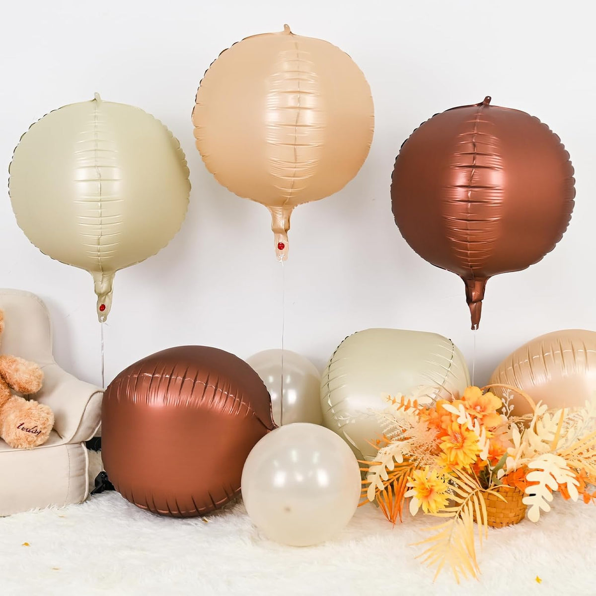 Sand White Brown Round Foil Balloons 6Pcs,Giant 4D Round Ball Balloons,22 Inch Boho Cream Nude