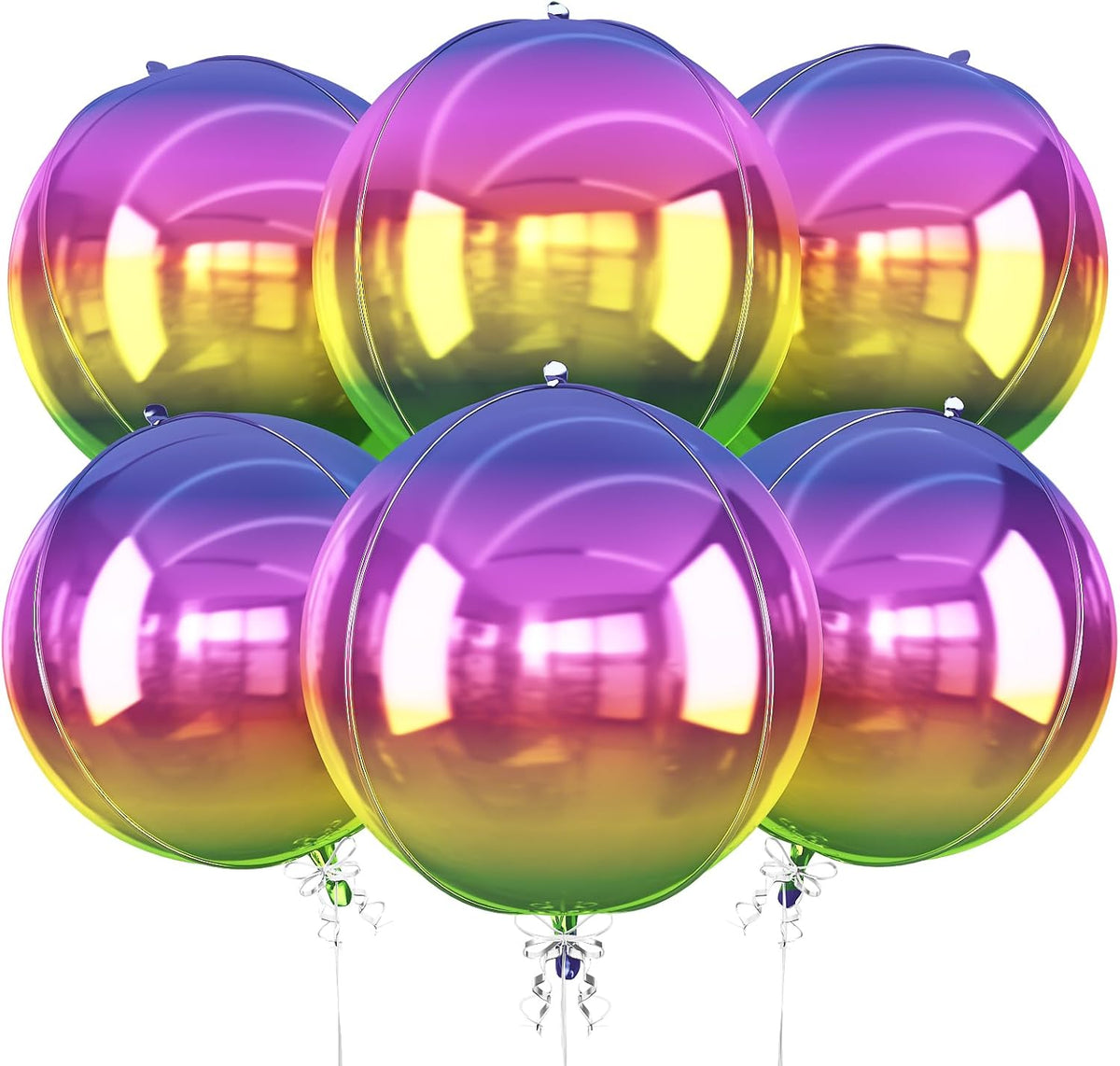 6Pcs Gradient Rainbow Round Foil Balloons, 22" Large Helium Colorful Ball Balloon, Metallic