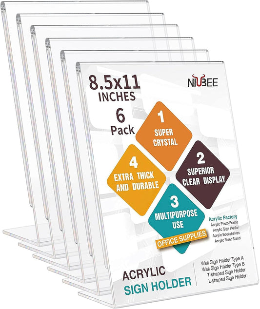 NIUBEE 6Pack 8.5x11 Acrylic Sign Holder with Vertical Slanted Back, Clear Plastic Sign Stand