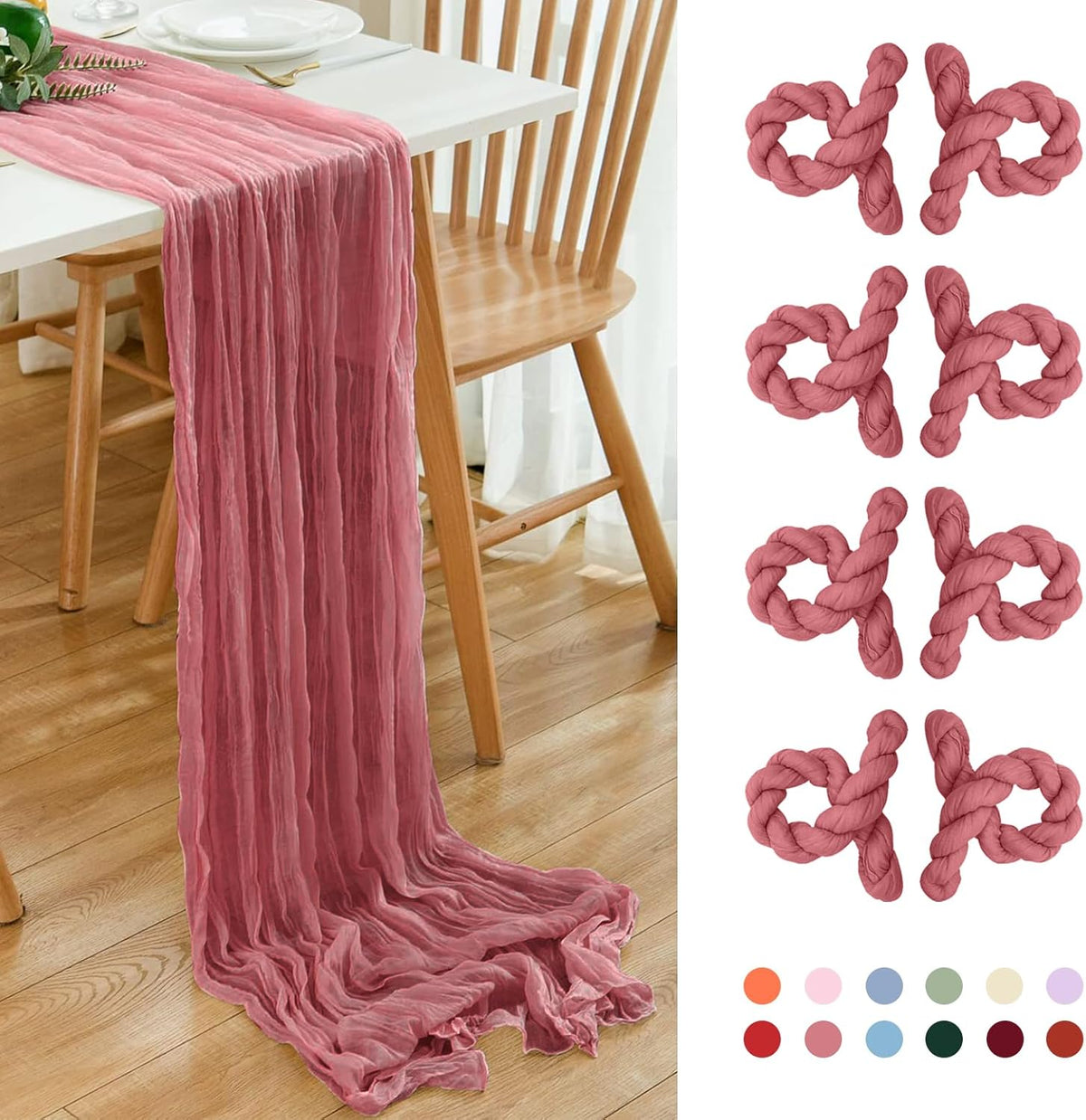 8 Pack 10Ft Table Runner 35x120 inch Dusty Rose Boho Gauze Table Cheese Cloth Long Wrinkled Sheer