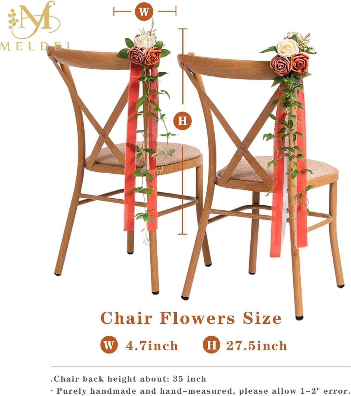 Meldel 10Pcs Wedding Chair Decorations Aisle Flowers Swag Artificial Flower Ivory Orange Garland