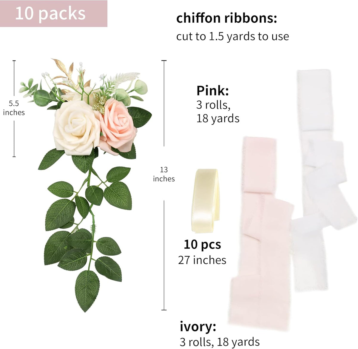Wedding Aisle Decorations - Set of 10 Pew Flowers - Artificial Roses & Eucalyptus - Pink & Cream