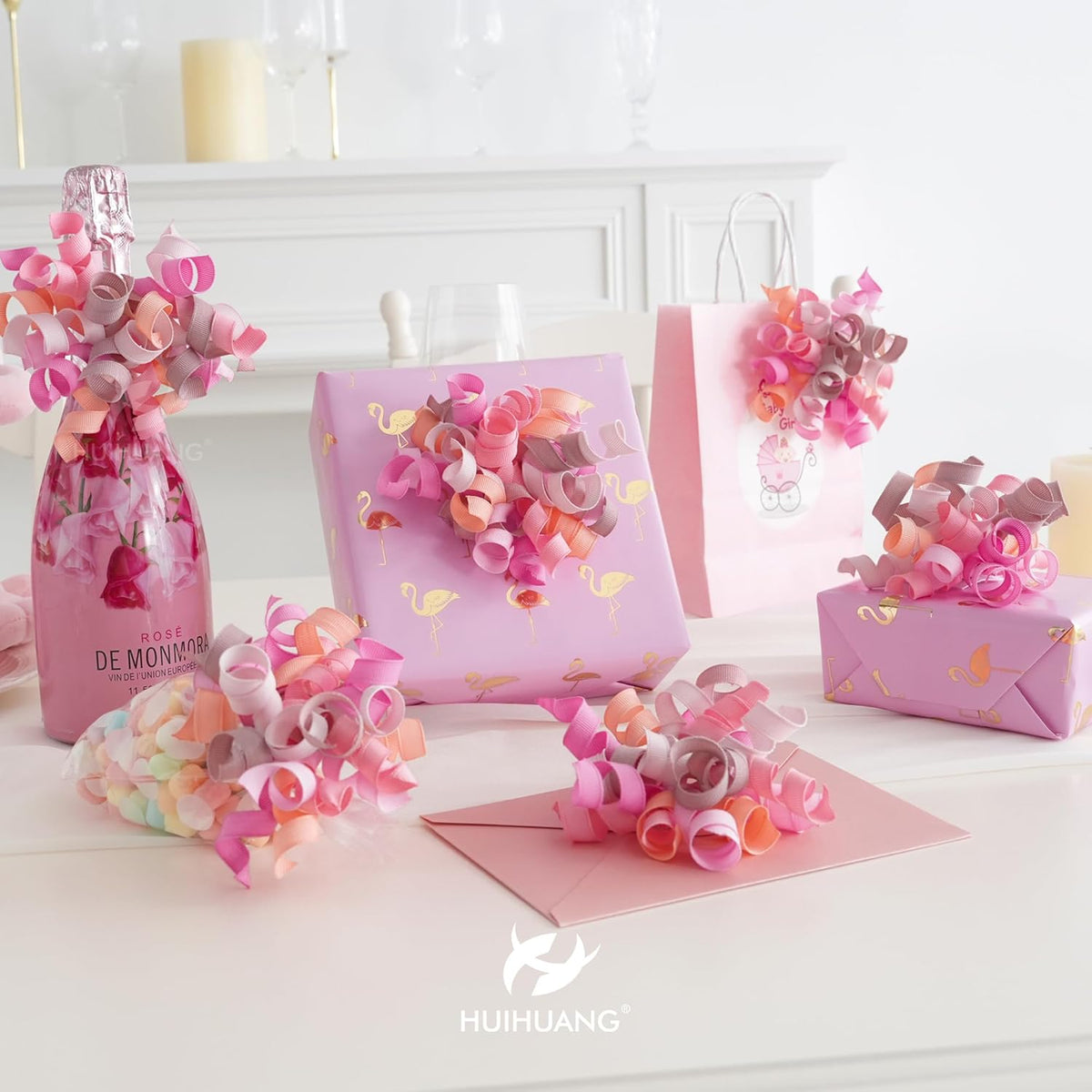 HUIHUANG Dusty Pink & Rose Bows for Gift Wrapping, Self-Adhesive Curly Ribbons for Presents, Wine
