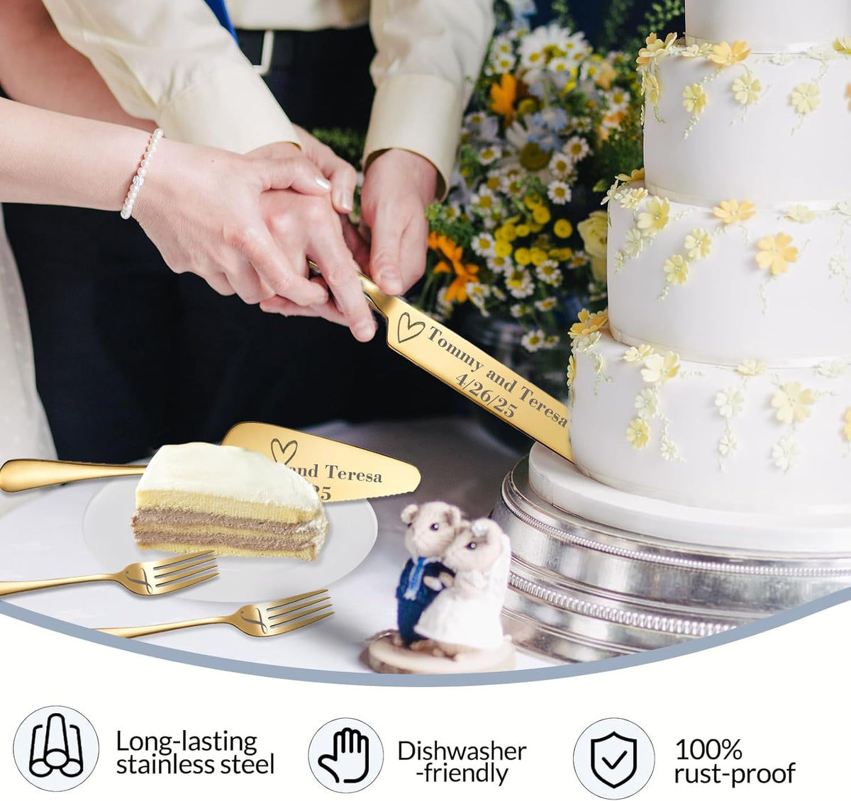 Personalized Wedding Cake Knife and Server Set, Custom Names Cake Cutting Set with Stainless Steel