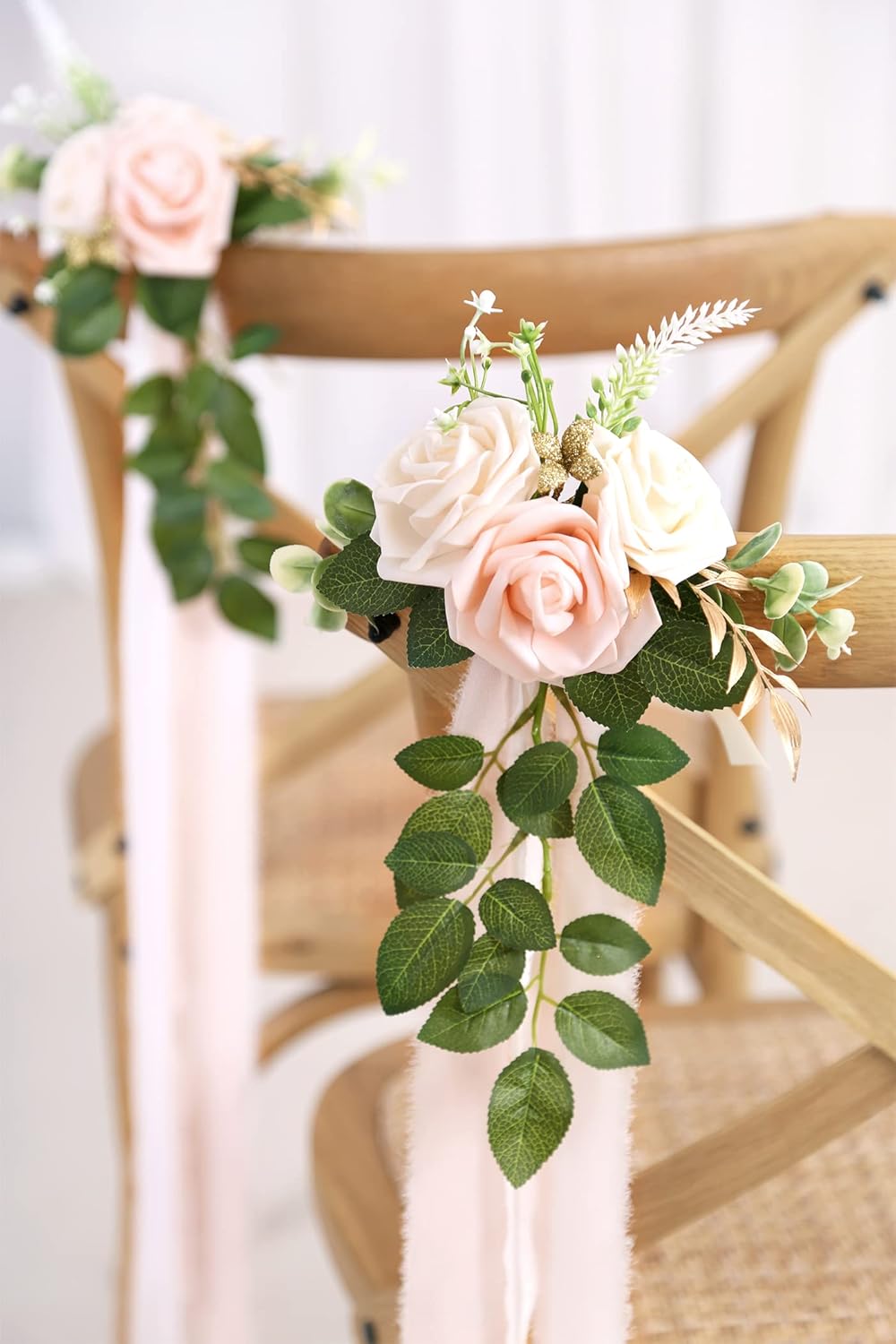 Wedding Aisle Decorations - Set of 10 Pew Flowers - Artificial Roses & Eucalyptus - Pink & Cream