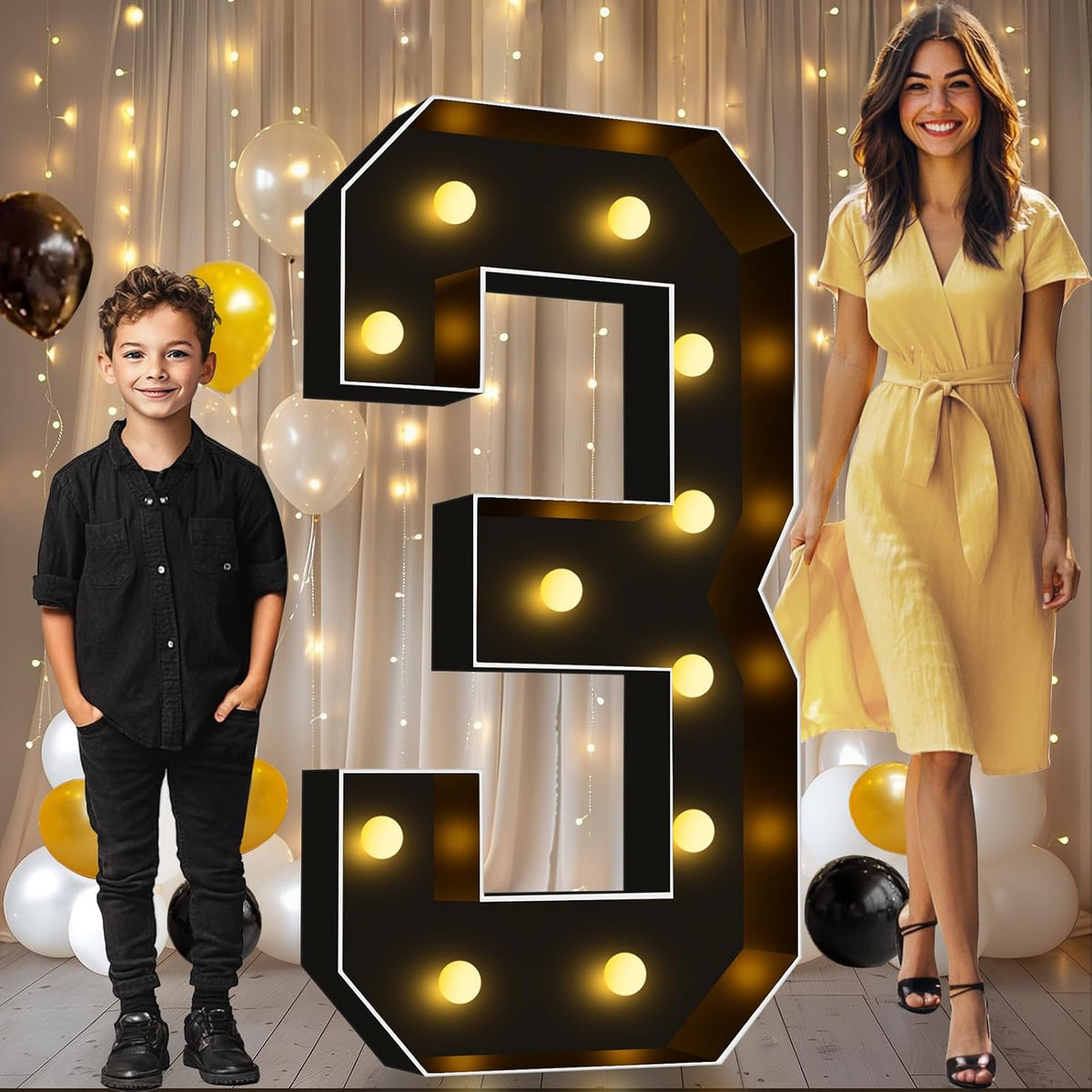 Pooqla 4 FT Light Up Marquee Numbers, Black Marquee Number Lights 4 Feet Tall for 3rd 13th 30th