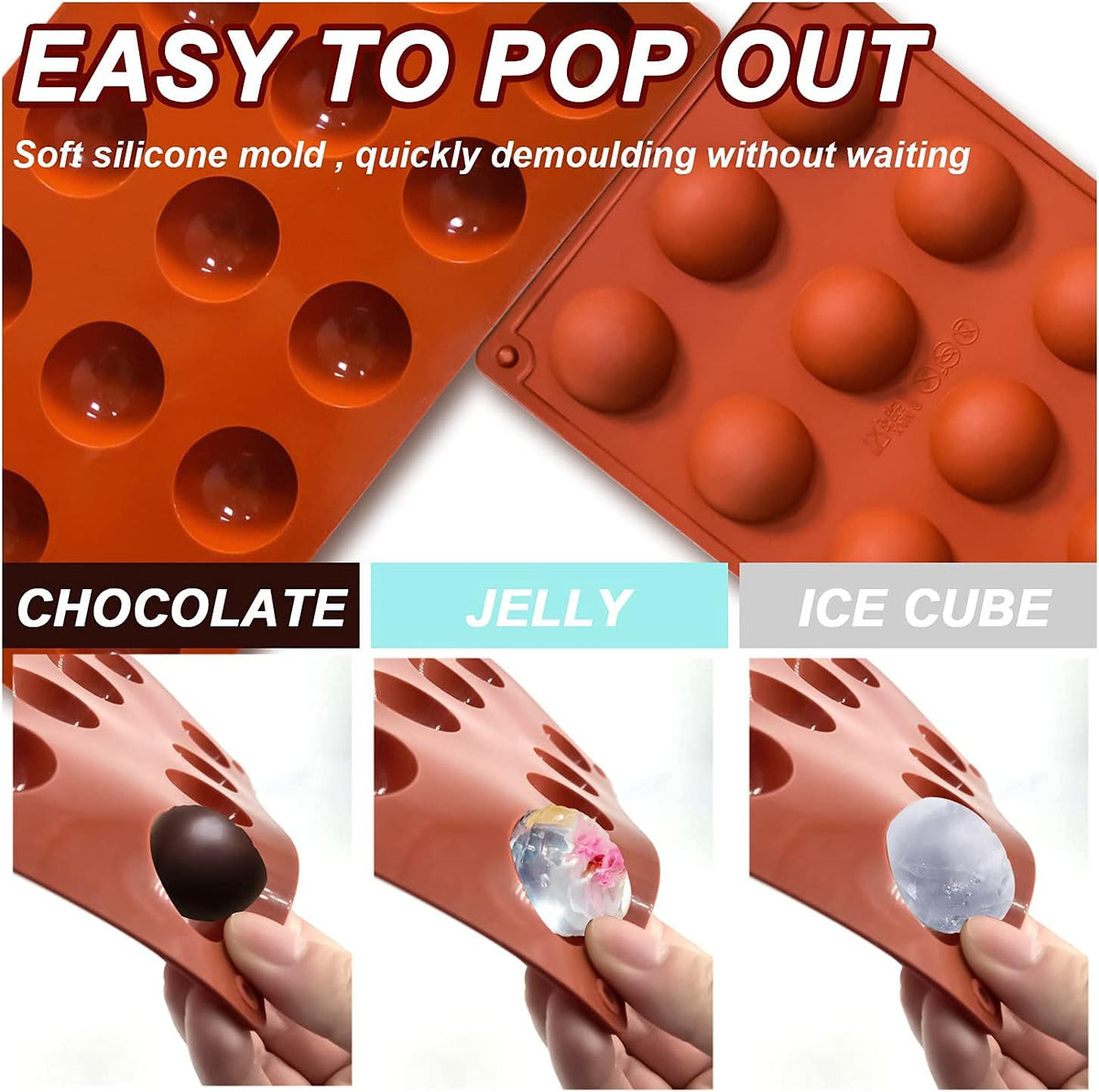 Small 15-Cavity Semi Sphere Silicone Molds Non-Stick,2 Packs Half Sphere Silicone Baking Molds for