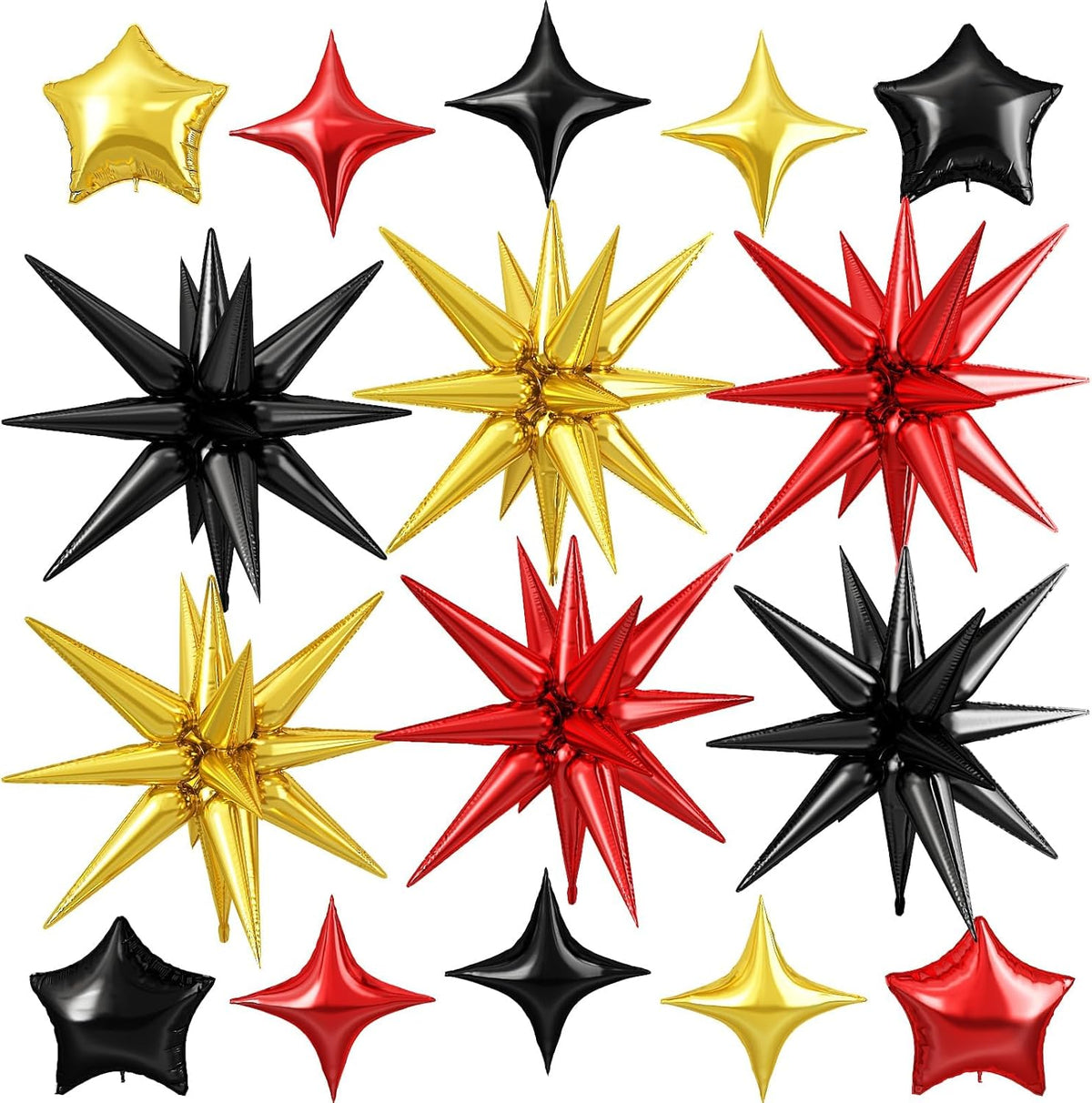 Black Gold Red Star Balloon,16Pcs Star Foil Balloons Set with 22Inch Explosion Spike Cone Balloons