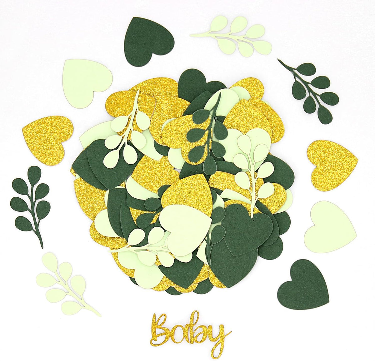 200PC Sage Green Baby Shower Confetti Green Gold Glitter Heart Table Confetti for Greenery Gender