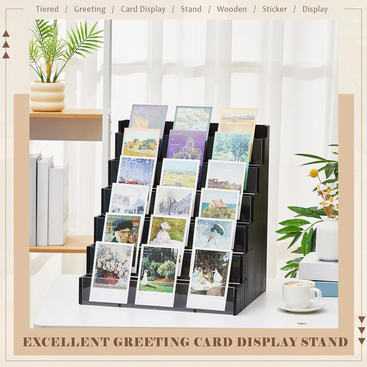 6 Tier Greeting Card Display Stand Black Bamboo and Acrylic Sticker Display Stand Trading Card