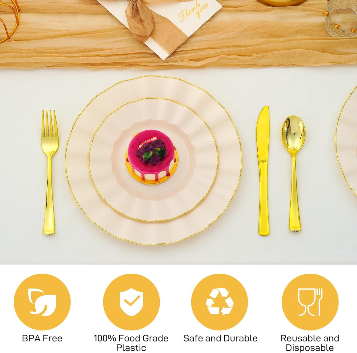 60Pcs Heavy Weight Ivory Plastic Plates with Gold Trim, Heavy Duty Wedding Plates, Elegant