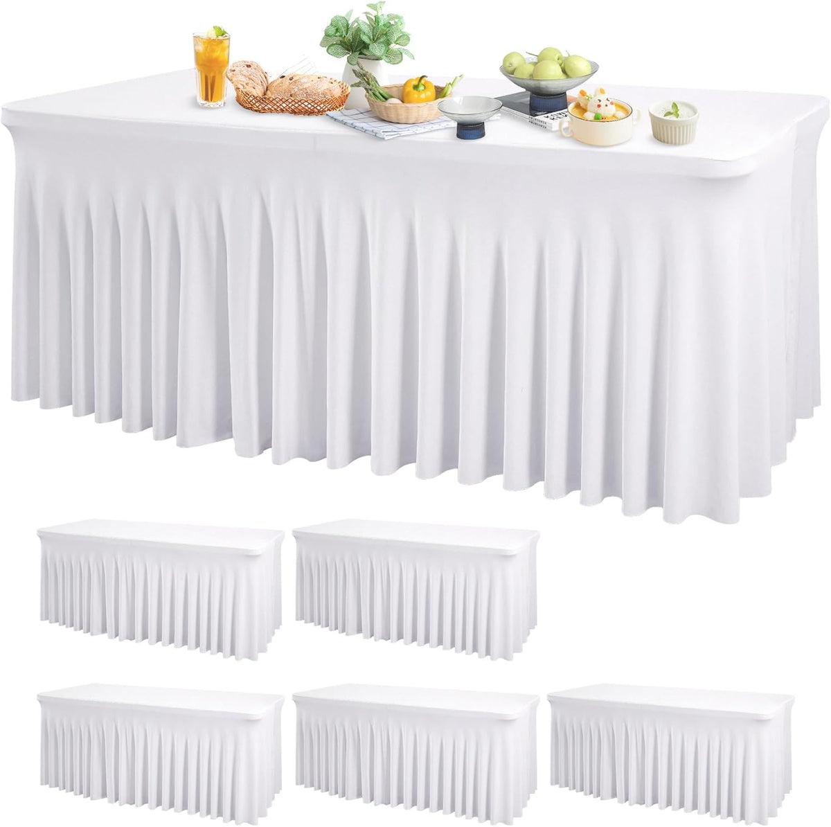 6 Pack White Spandex Table Clothes for 8 Foot Rectangle Tables, 8FT Wrinkle Free Fitted Tablecloths