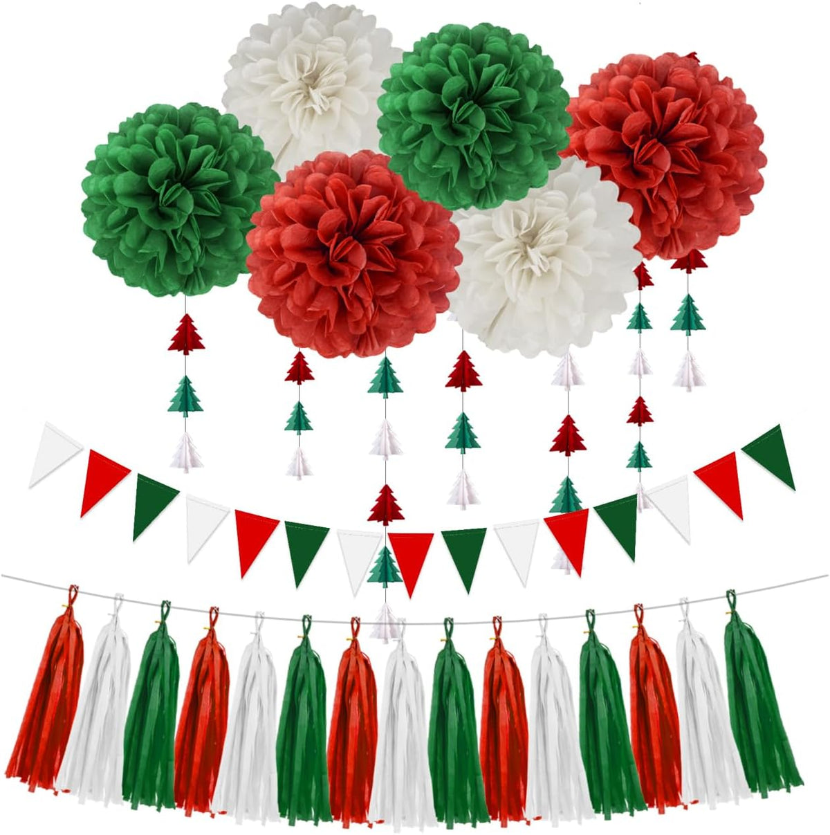 Red White Green Christmas Decorations - 23pcs Tissue Paper Flowers Pom Poms Tassel Garland Banner