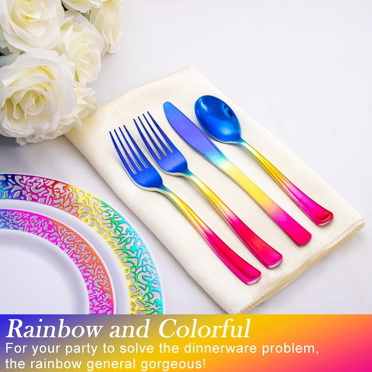 Supernal 120pcs Rainbow Plastic Silverware Set Colorful Party Utensils Blue Pink Gold Plastic