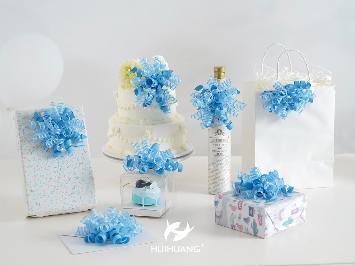 HUIHUANG Blue Bows for Gift Wrapping Baby Blue Gift Bows 5 inch x 8 Counts Self-Adhesive Curly