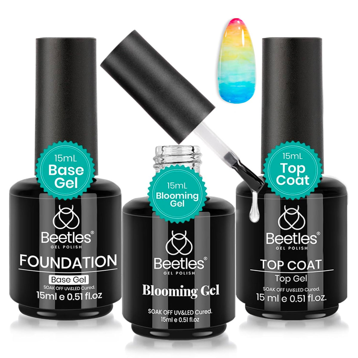 Beetles Blooming Gel & Base Top Coat Set, 3PCS 15ML Shine Finish Long Lasting No Wipe Top Coat Gel