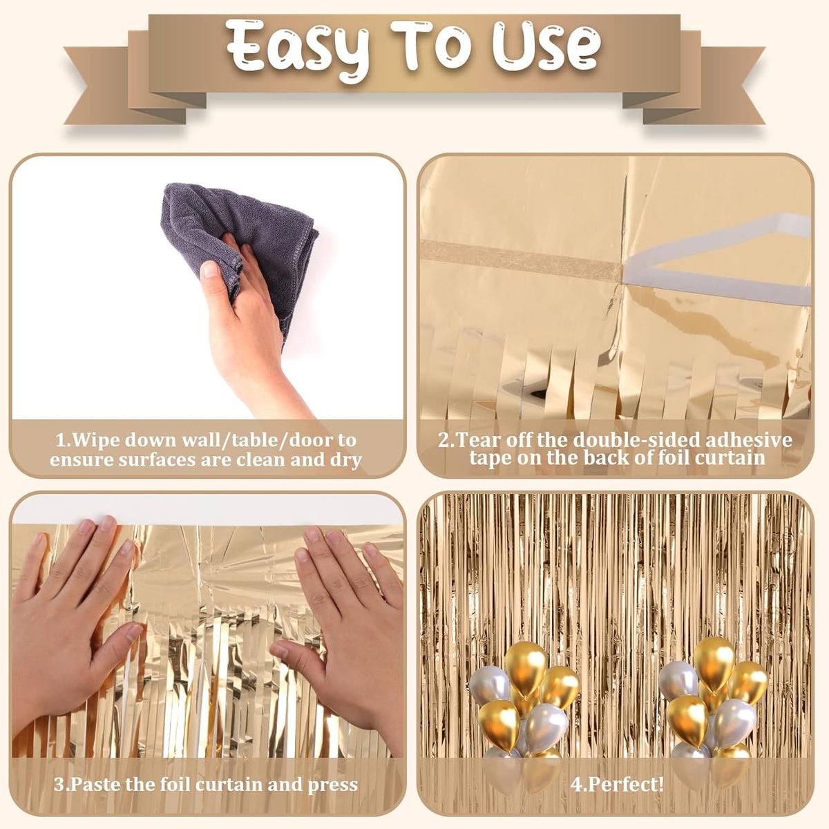 2 Pack Champagne Foil Fringe Backdrop Curtains, Tinsel Streamers Birthday Party Decorations, Fringe