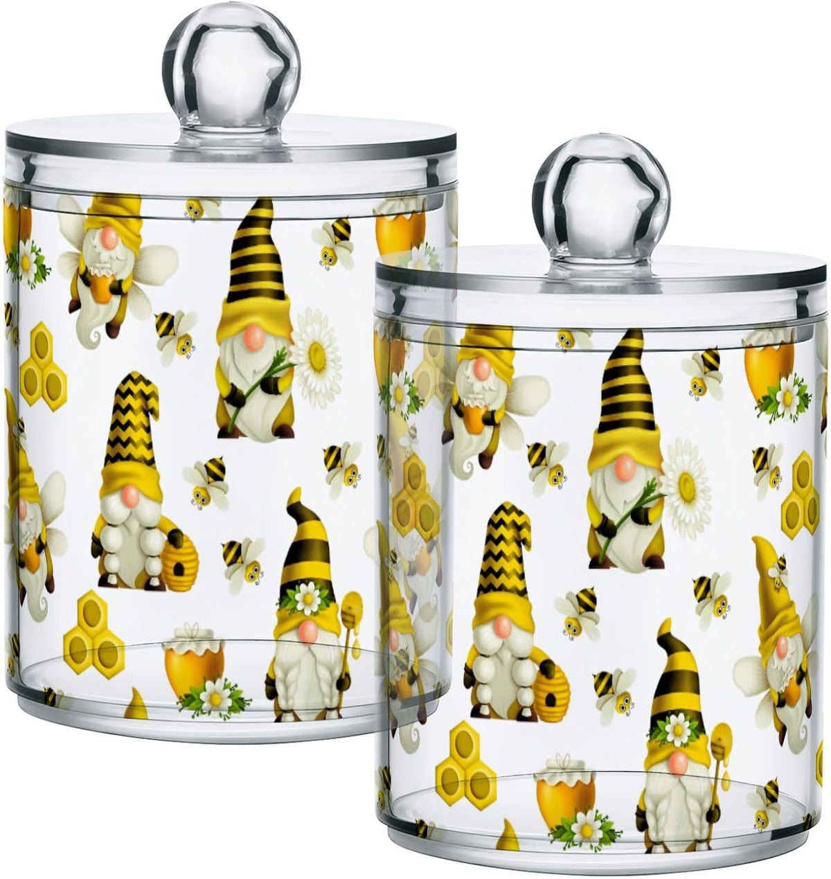 Qtip Holder Dispenser 4 Pack Gnome Bees Flying Dwarf Daisy Apothecary Jars with Lids Bathroom