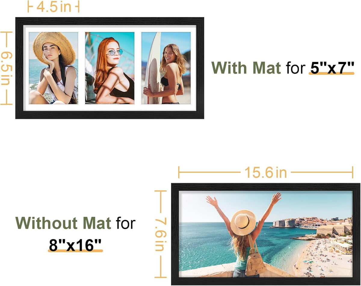 Vittanly 8x16 Collage Picture Frame, Displays 3Pcs 5x7 Pictures with Mat, Picture Frames Collage