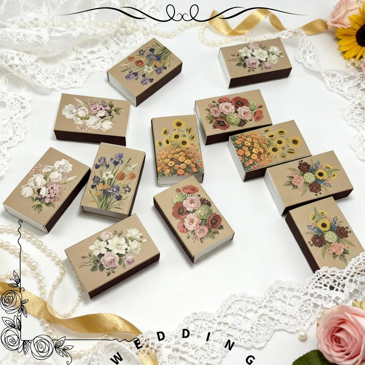 60pcs Flower Match Boxes, 2.25x1.42x0.59in Bulk Fall Spring Floral DIY Light Brown Storage