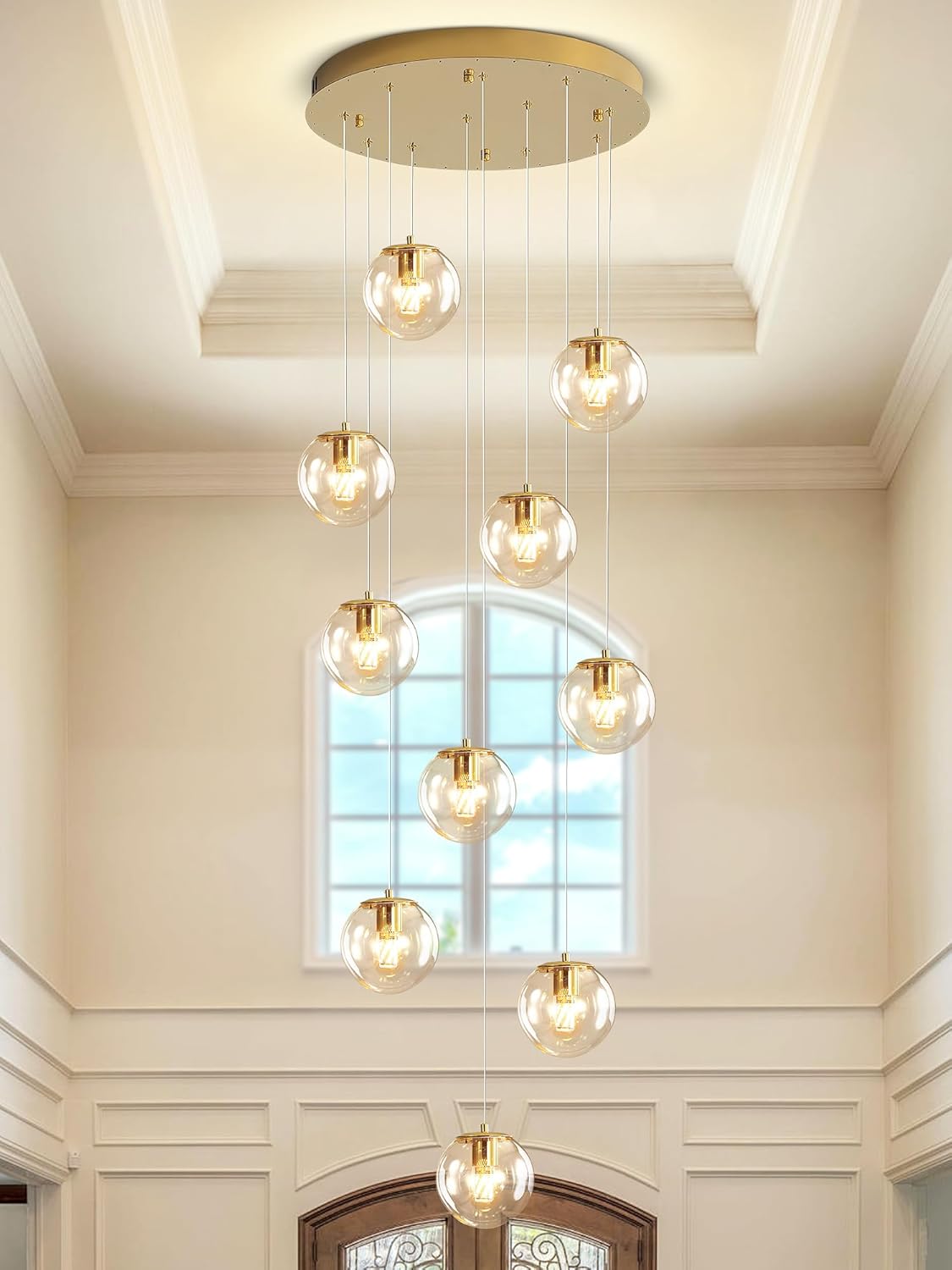 H118 Modern Glass Globe Chandelier Staircase Chandelier for Entryway 12-Lights Glass Globe Pendant
