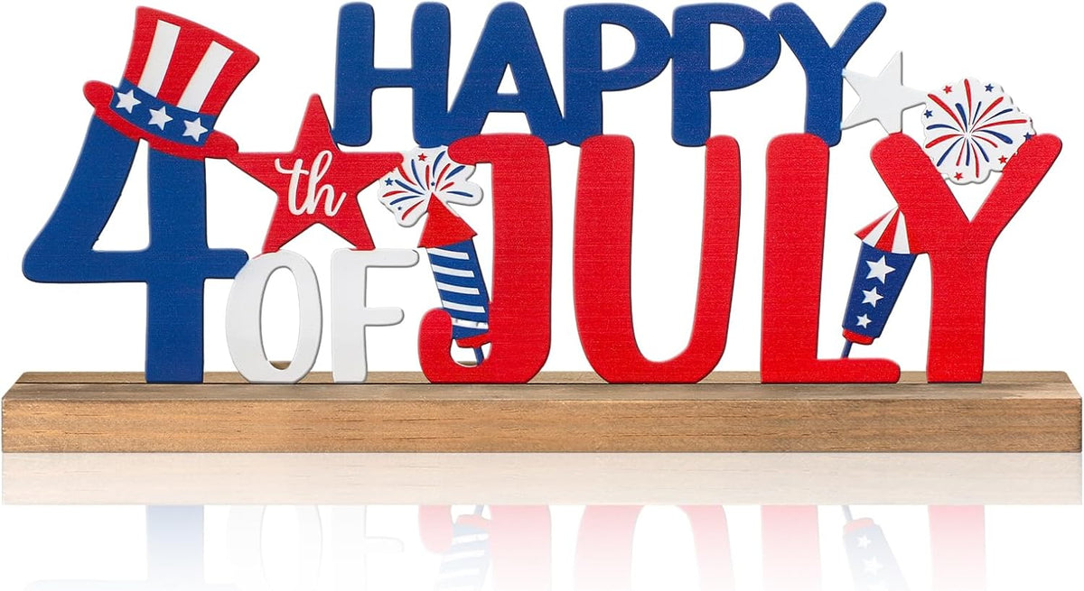 Happy 4th of July/Patriotic Metal Sign Rustic Table Decor Holiday Tiered Tray Decor with Wooden