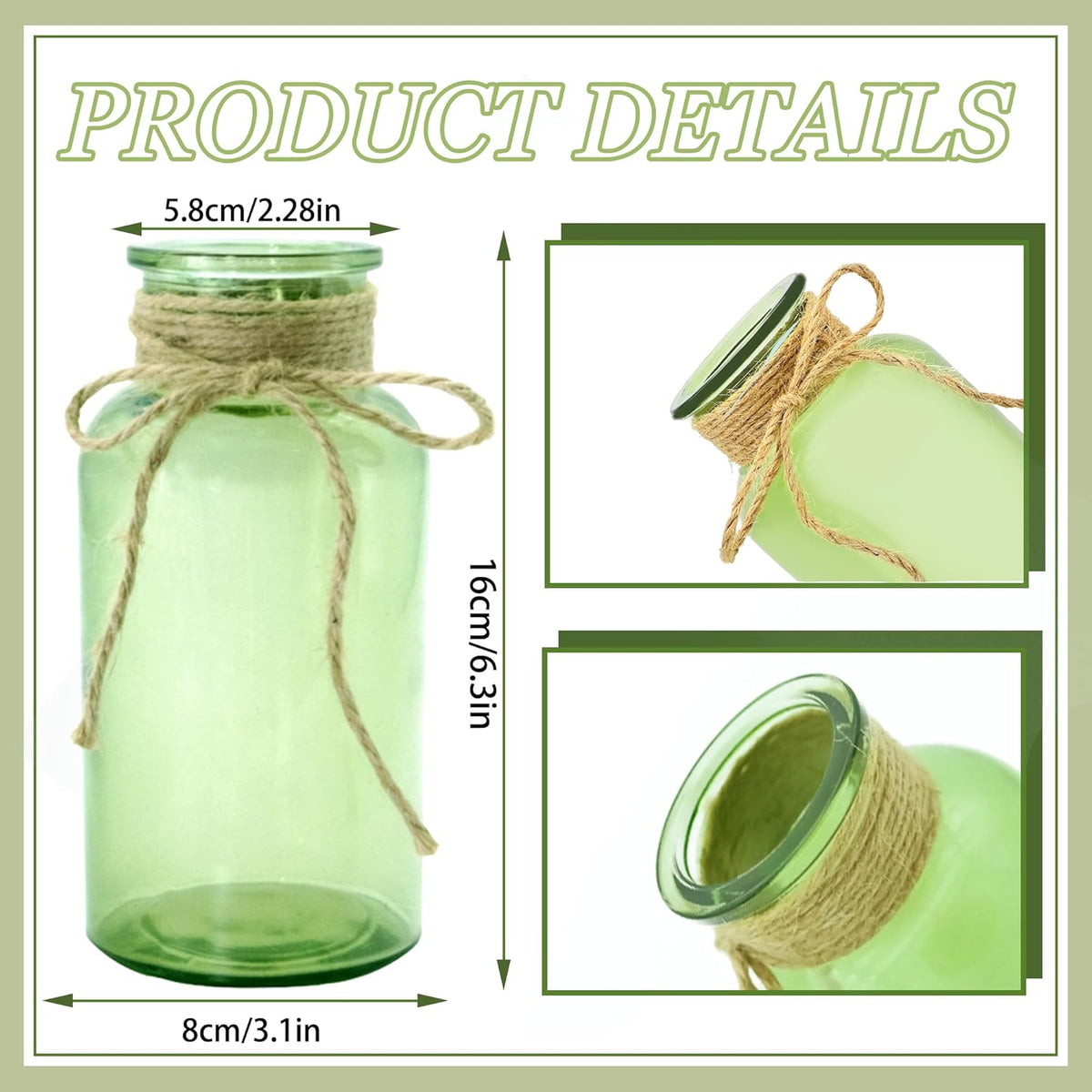 Vintage Glass Flower Vase，6 Pack Green Farmhouse Glass Centerpiece Vases Mason Jars for Weddings