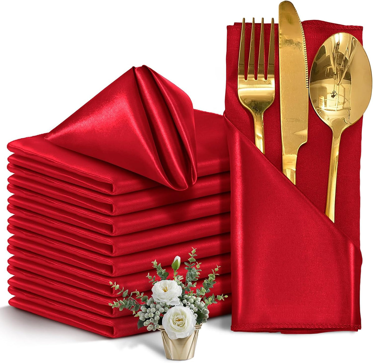 50 Pieces Red Satin Napkins, 17" x 17" Square Table Napkins, Silky Soft Smooth Washable Napkins for