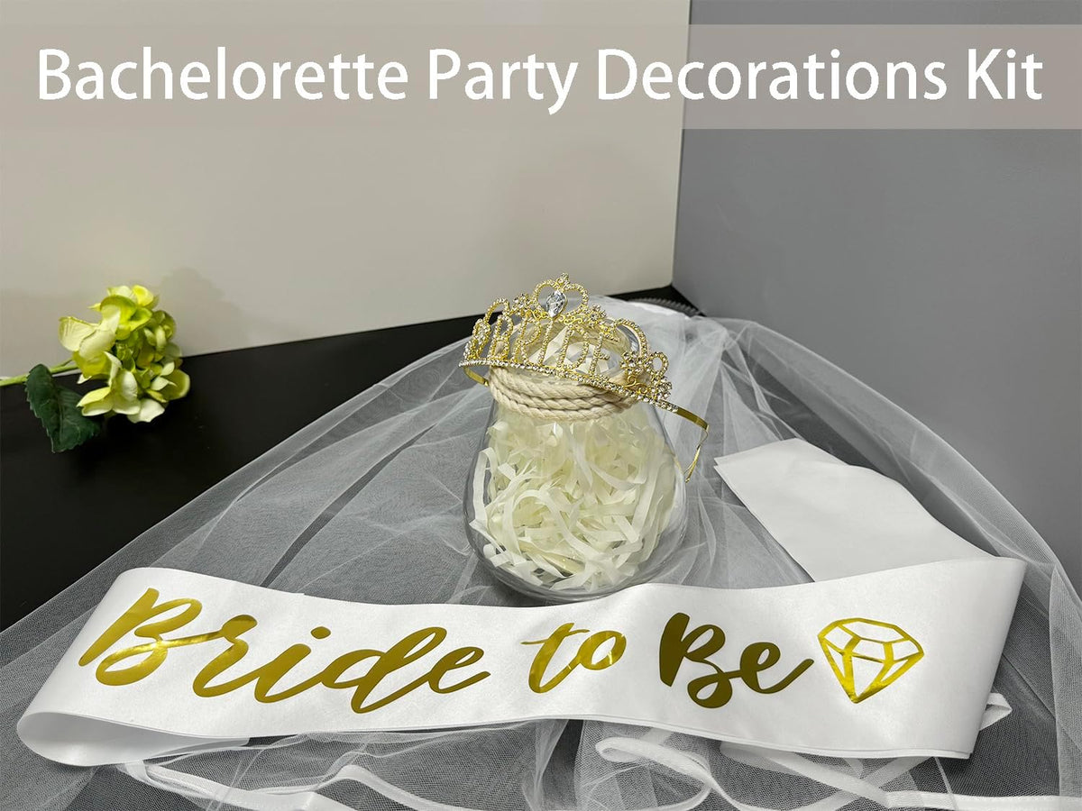JETKONG 3 Pcs Bachelorette Party Decorations "BRIDE" Crown, Bride to Be Sash&Veil for Women