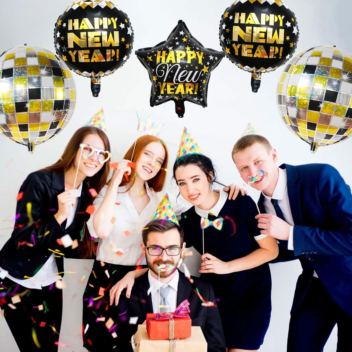 Happy New Year Balloons, 8pcs (2x22" Disco, 2x18" Round, 2x18" Star) - Black & Gold, Reusable