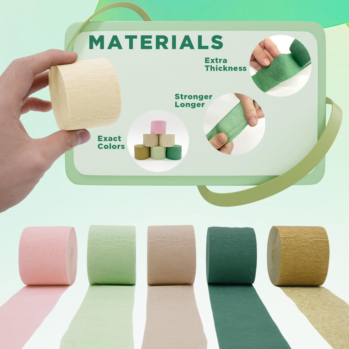 Crepe Paper Streamers Party Decorations - 6 Rolls Grass Green Gold Pink Olive Green Beige Khaki