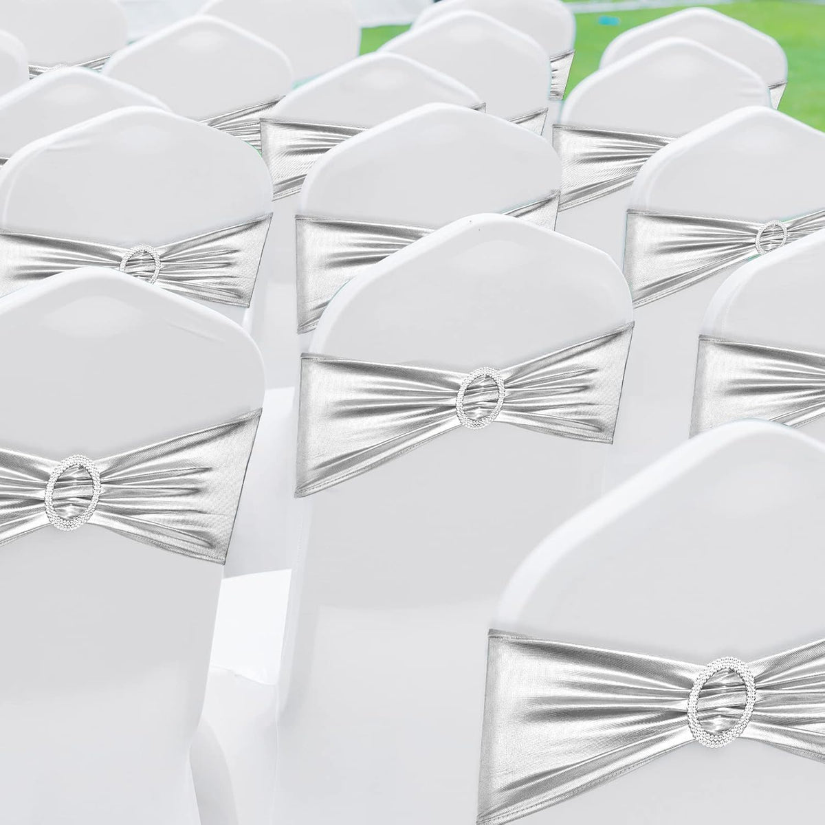 CHENGU 150 Pieces Spandex Stretch Chair Sashes Bows Elastic Chair Cover Bands Ties with Buckle