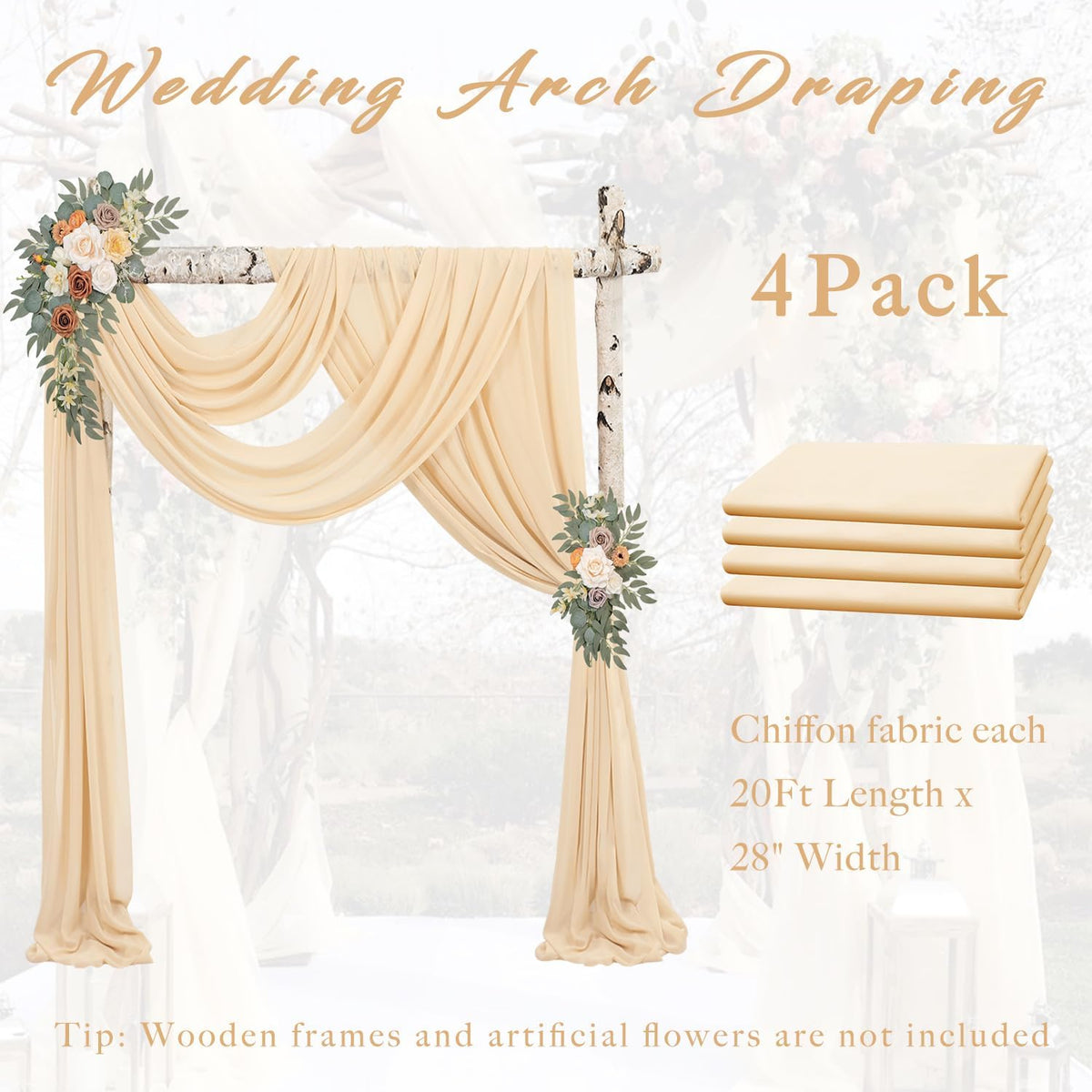 4 Panels Wedding Arch Draping Fabric 20Ft Length x 28" Width Champagne Arch Drapes Chiffon Fabric
