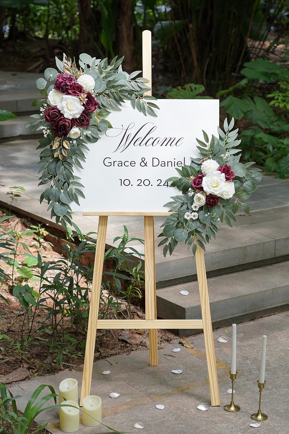 Artificial Burgundy Flower Swag Set of 2 for Wedding Welcome Signs Floral Decorations, Wedding Arch