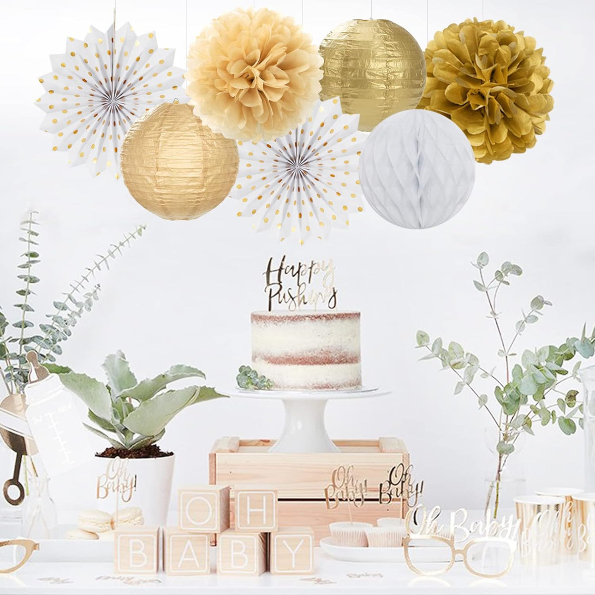 White Gold Party Decorations Streamers - 14pcs Christmas Wedding Engagement Paper Lanterns