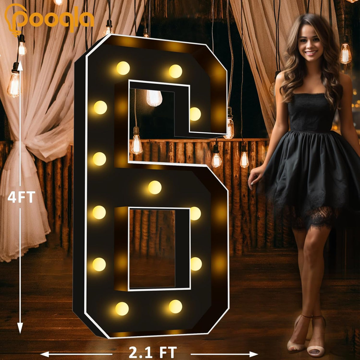 Pooqla 4 FT Light Up Marquee Numbers, Black Marquee Number Lights 4 Feet Tall for 6th 16th 60th