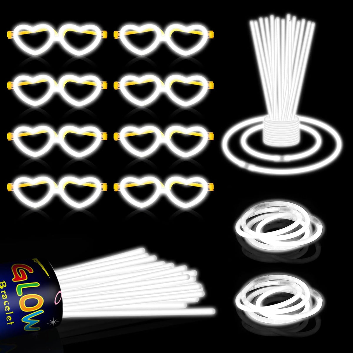 60 Pack 8” White Glow Sticks Bulk Bright Glow Sticks with 60 Connectors 20 Heart Glasses Glow In