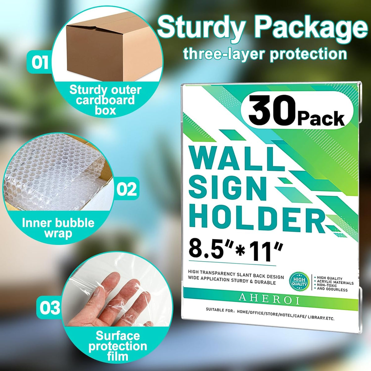 Aheroi 30Pcs Acrylic Sign Holder 8.5 x 11, Clear Wall Sign Holder 8.5 x 11 Wall Mount with 60 Tape