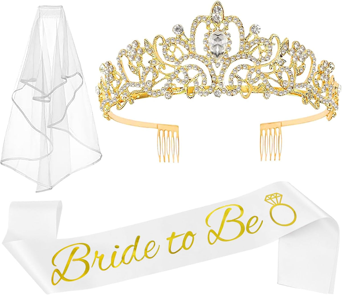 JETKONG 3 Pcs Bachelorette Party Decorations Bridal Shower Crown, Bride to Be Sash&Veil for Women