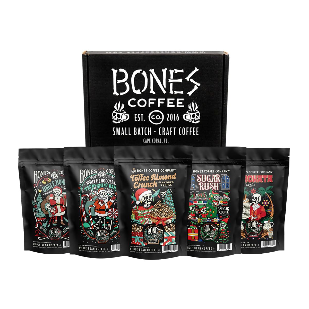 Bones Coffee Company Holiday Favorites Bundle, 5 Assorted Flavored Coffee Low Acid Medium Roast